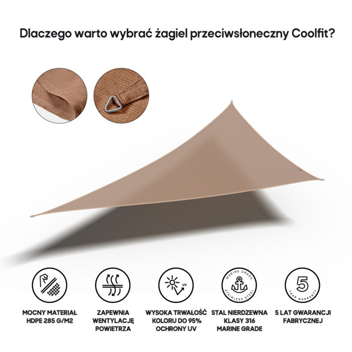 Żagiel – trójkąt 90° 5 x 5 x 7,1 m kolor Piaskowy - obrazek 3