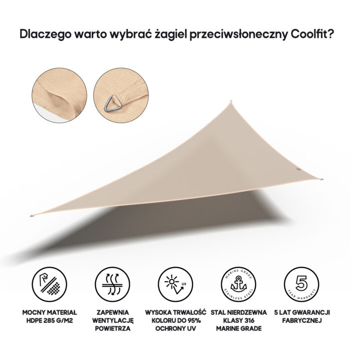 Żagiel przeciwsłoneczny - trójkąt 90° 5 x 5 x 7,1 m kolor Złamana biel - obrazek 3
