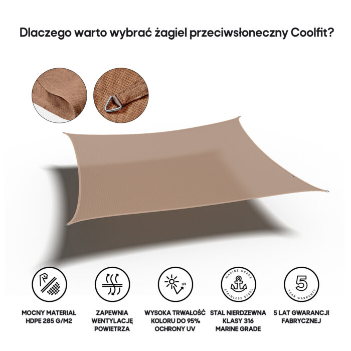 Żagiel – kwadrat 5 x 5 m kolor Piaskowy - obrazek 3