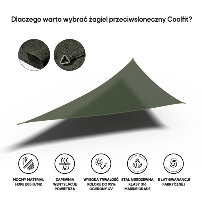 Żagiel – trójkąt 90° 5 x 5 x 7,1 m kolor Oliwkowy - obrazek 3